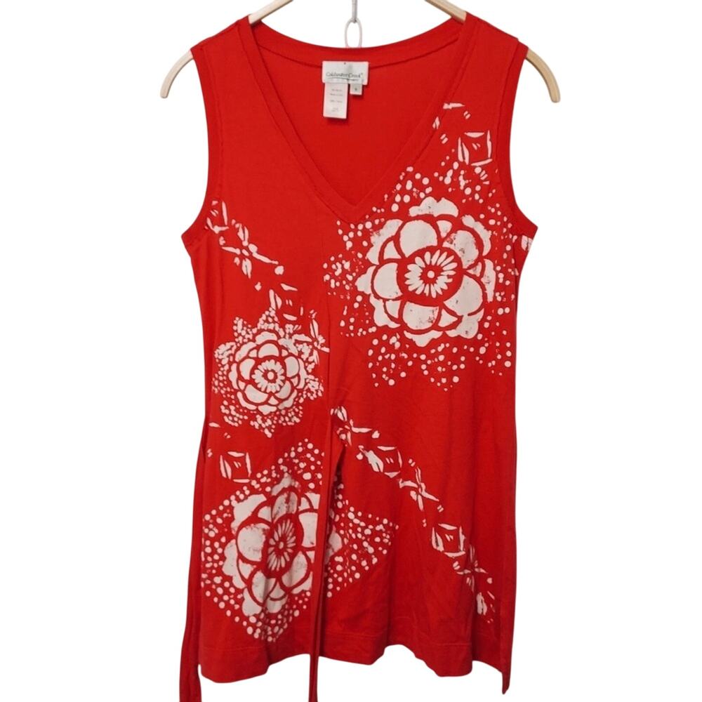 Coldwater Creek Red White Tribal Floral Tie Front Flowy Tank Shirt Blouse Top